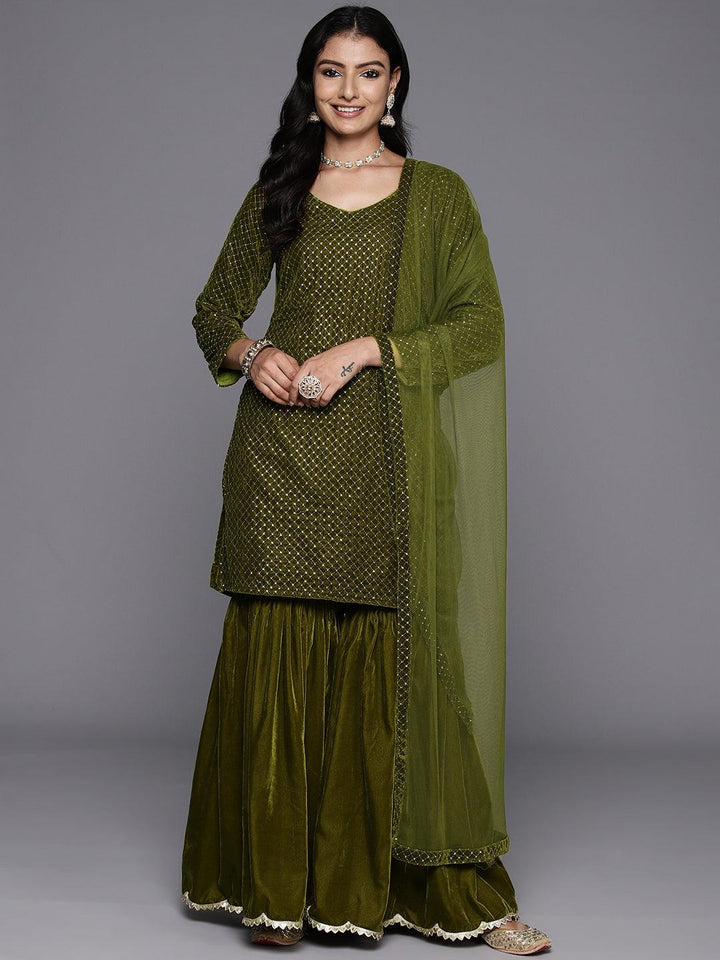 Olive Green Embroidered Velvet Straight Kurta With Sharara & Dupatta - Libas