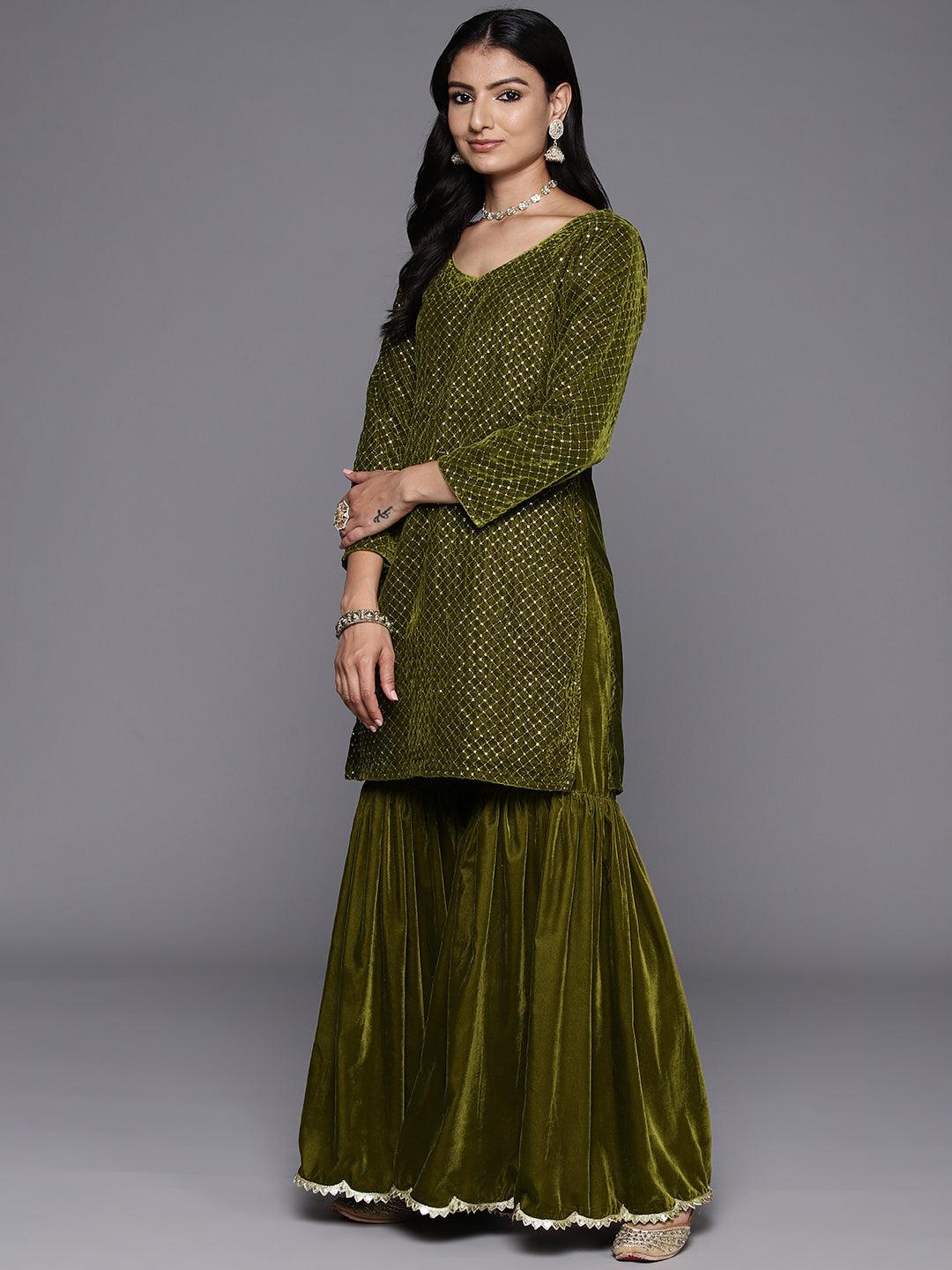 Olive Green Embroidered Velvet Straight Kurta With Sharara & Dupatta - Libas