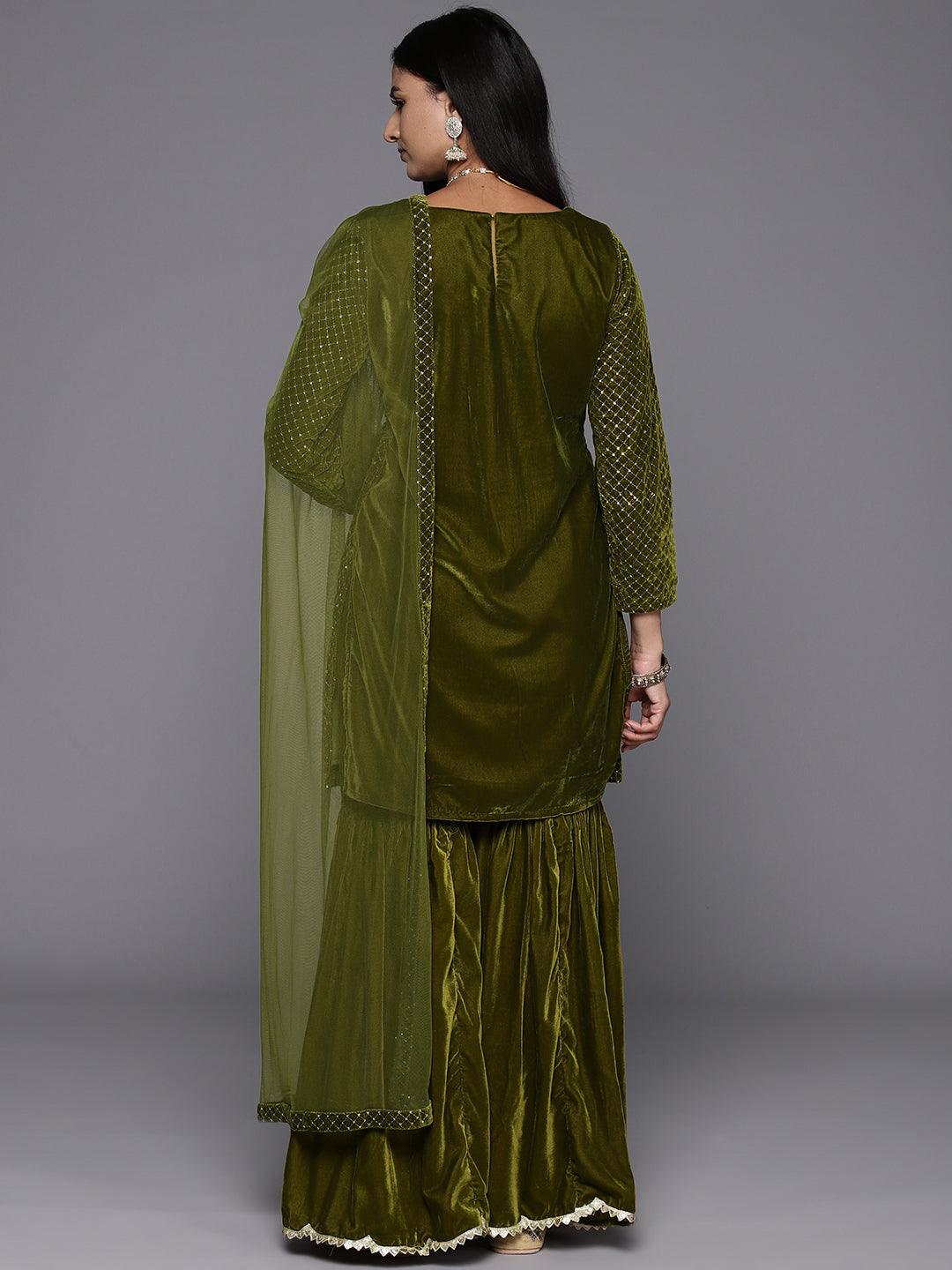 Olive Green Embroidered Velvet Straight Kurta With Sharara & Dupatta - Libas