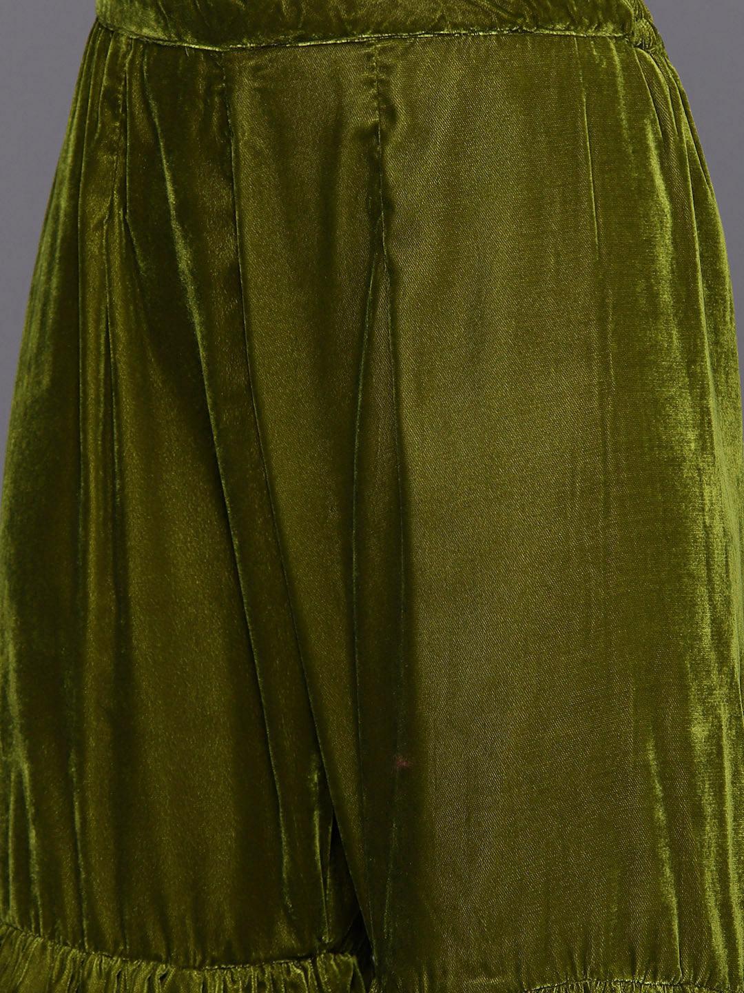 Olive Green Embroidered Velvet Straight Kurta With Sharara & Dupatta - Libas