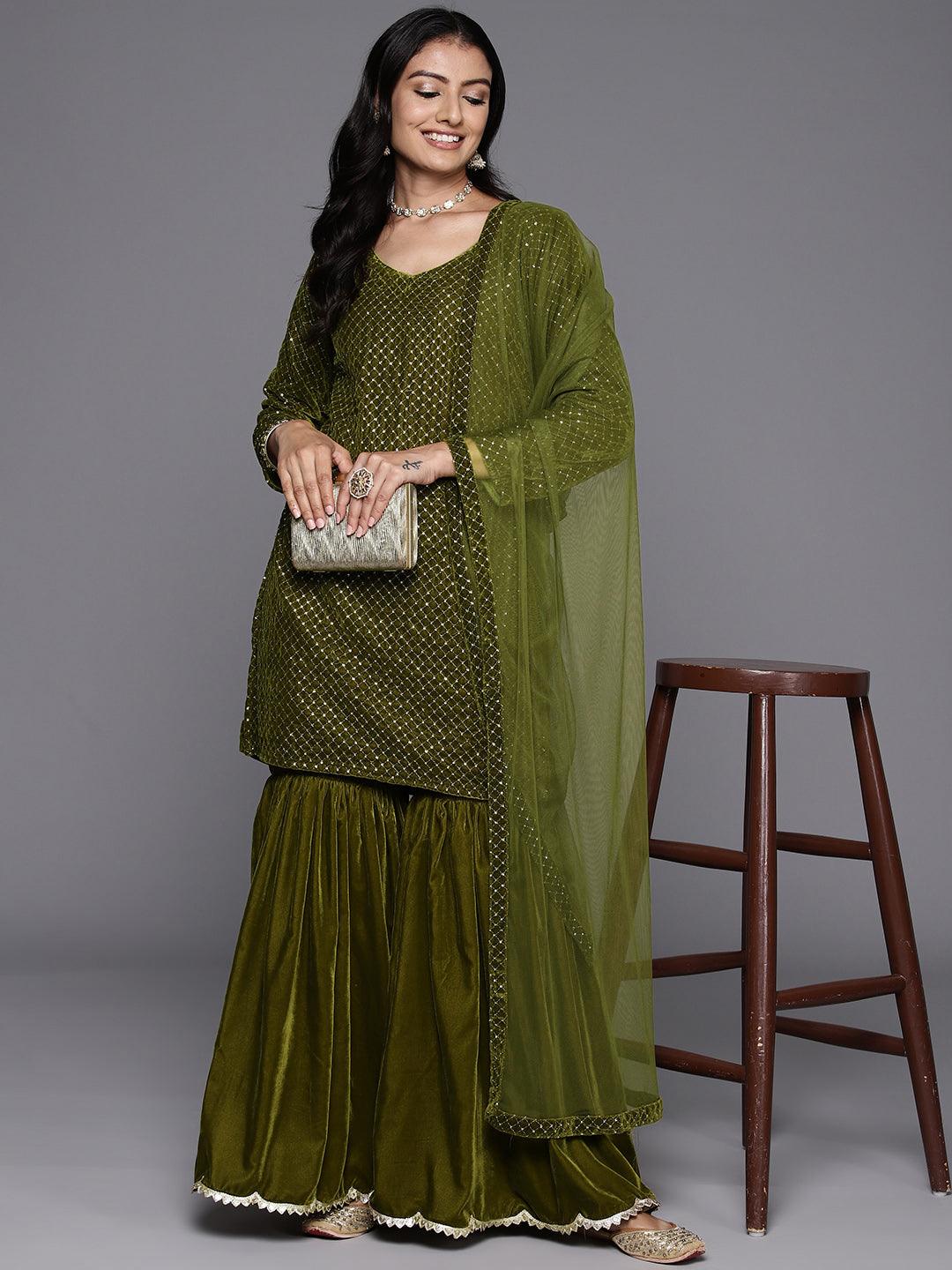 Olive Green Embroidered Velvet Straight Kurta With Sharara & Dupatta - Libas