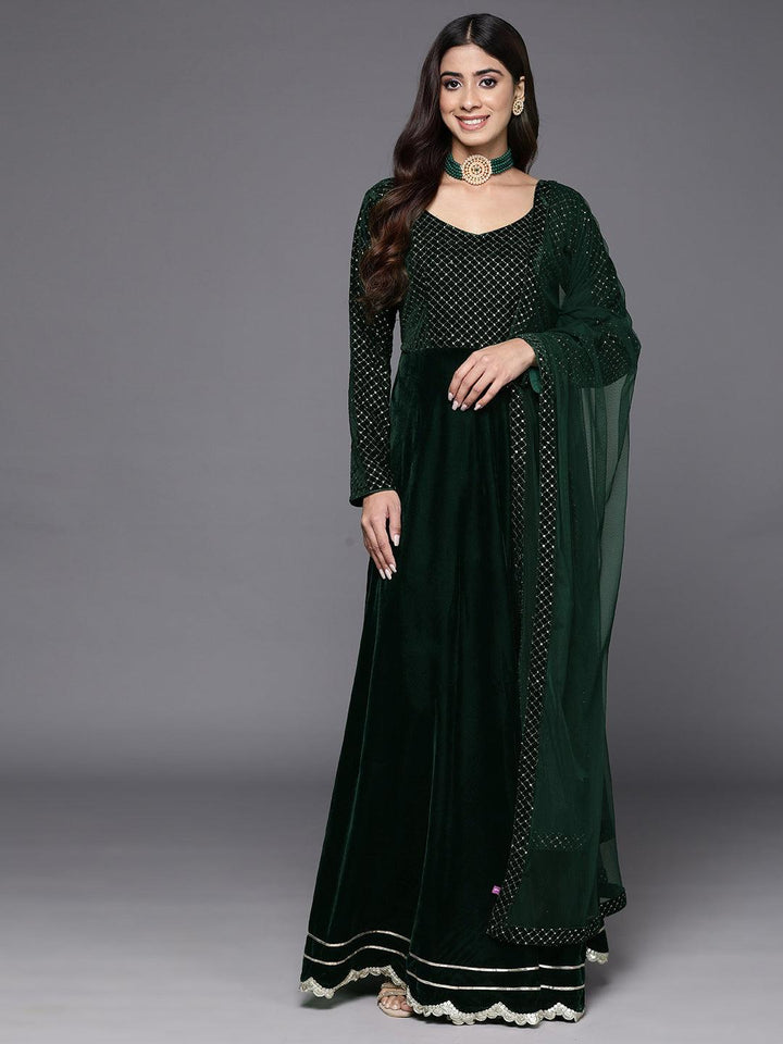 Green Embroidered Velvet Anarkali Kurta With Trousers & Dupatta - Libas