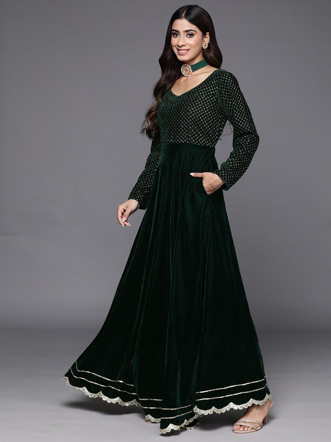 Green Embroidered Velvet Anarkali Kurta With Trousers & Dupatta - Libas