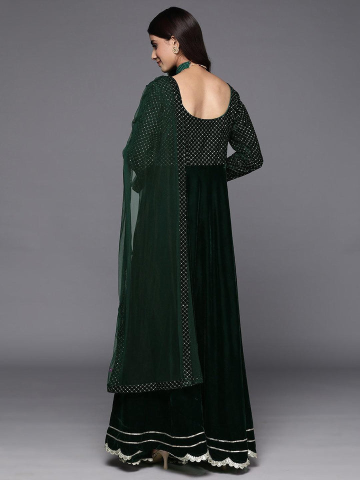 Green Embroidered Velvet Anarkali Kurta With Trousers & Dupatta - Libas