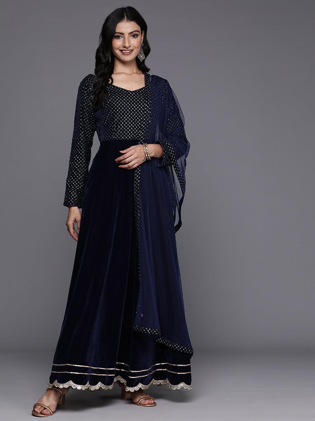 Blue Embroidered Velvet Anarkali Suit With Dupatta - Libas 