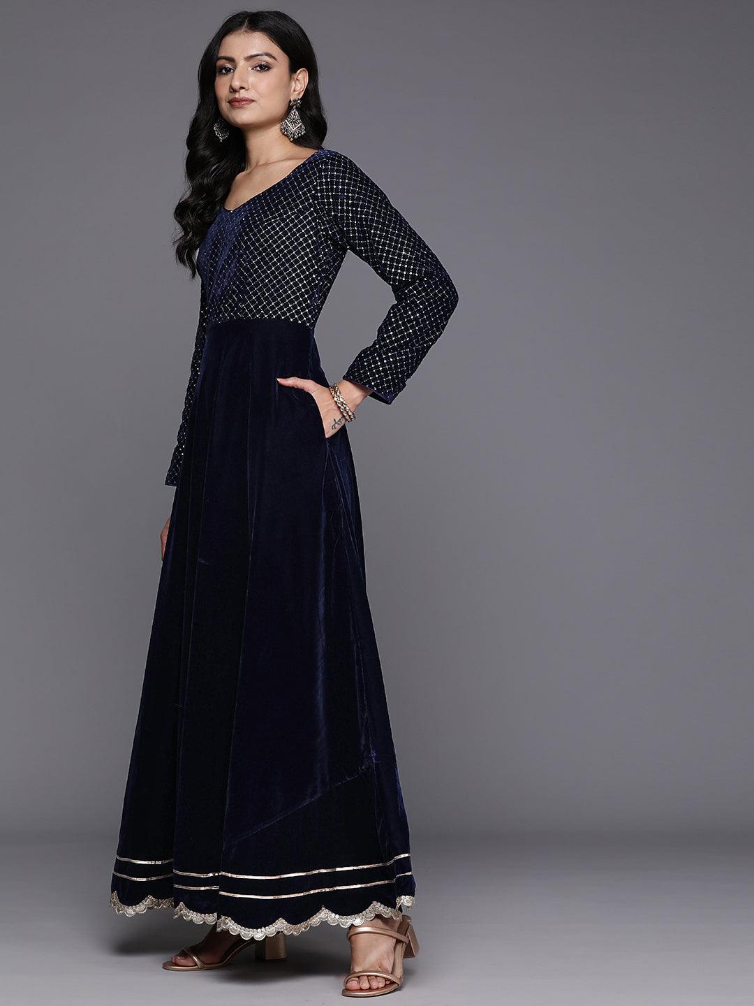 Blue Embroidered Velvet Anarkali Suit With Dupatta - Libas 