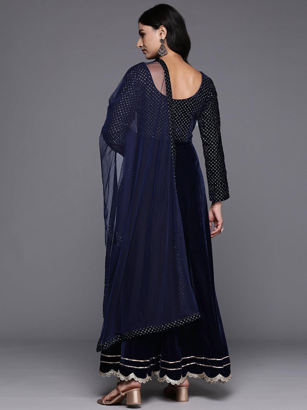 Blue Embroidered Velvet Anarkali Suit With Dupatta - Libas 