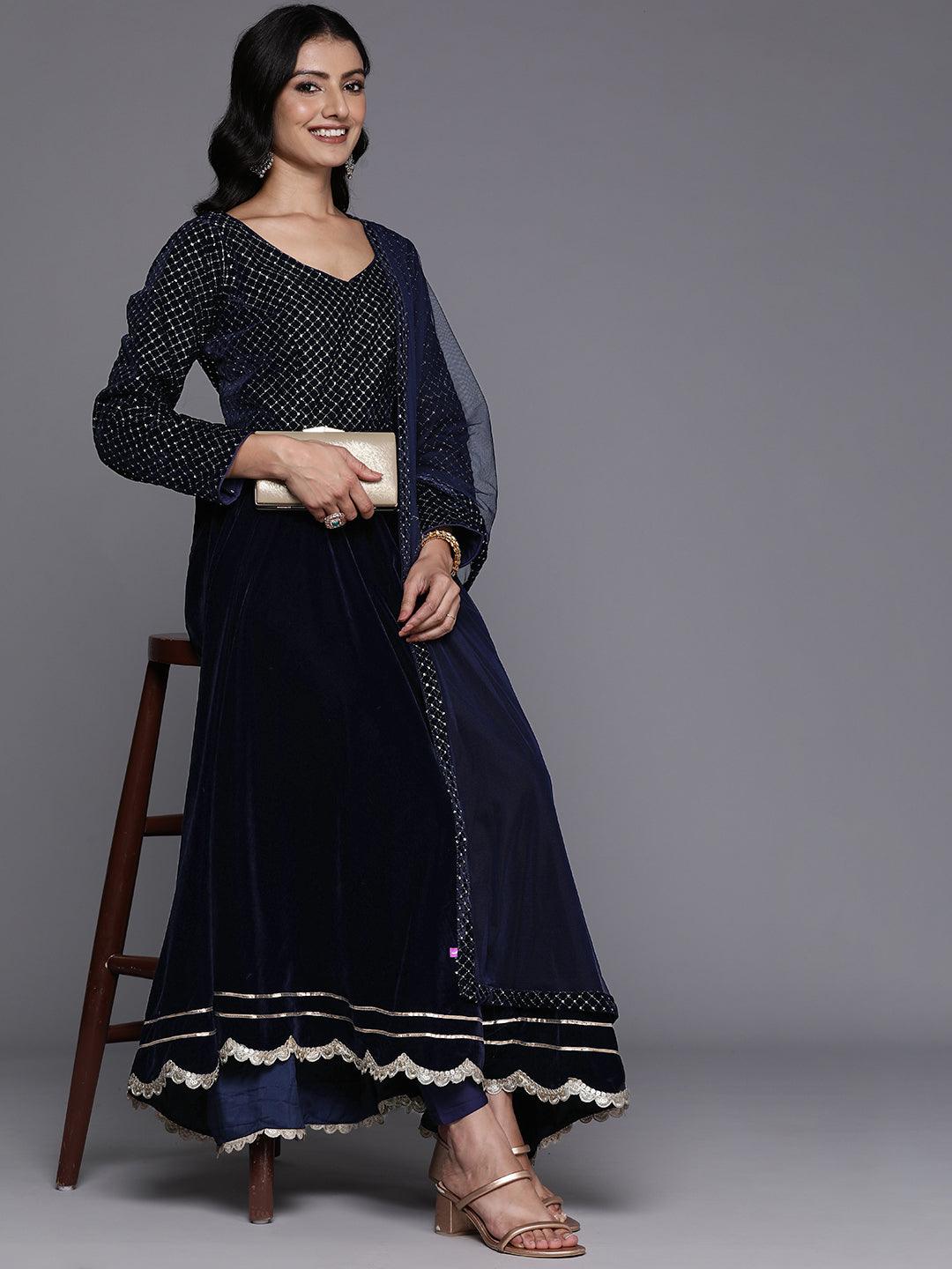 Blue Embroidered Velvet Anarkali Suit With Dupatta - Libas 