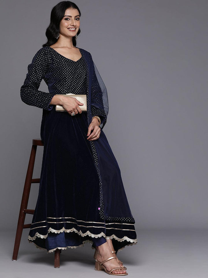 Blue Embroidered Velvet Anarkali Suit With Dupatta - Libas