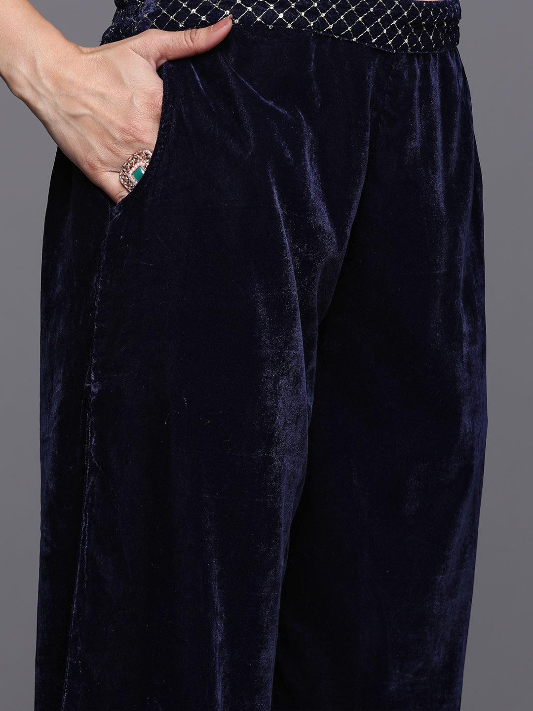 Blue Solid Velvet Co-Ords - Libas 