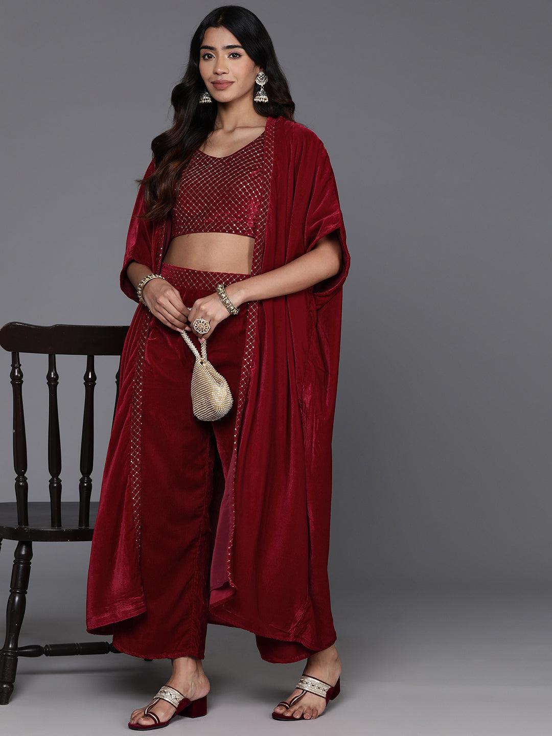 Maroon Embellished Polyester Co-Ords - Libas