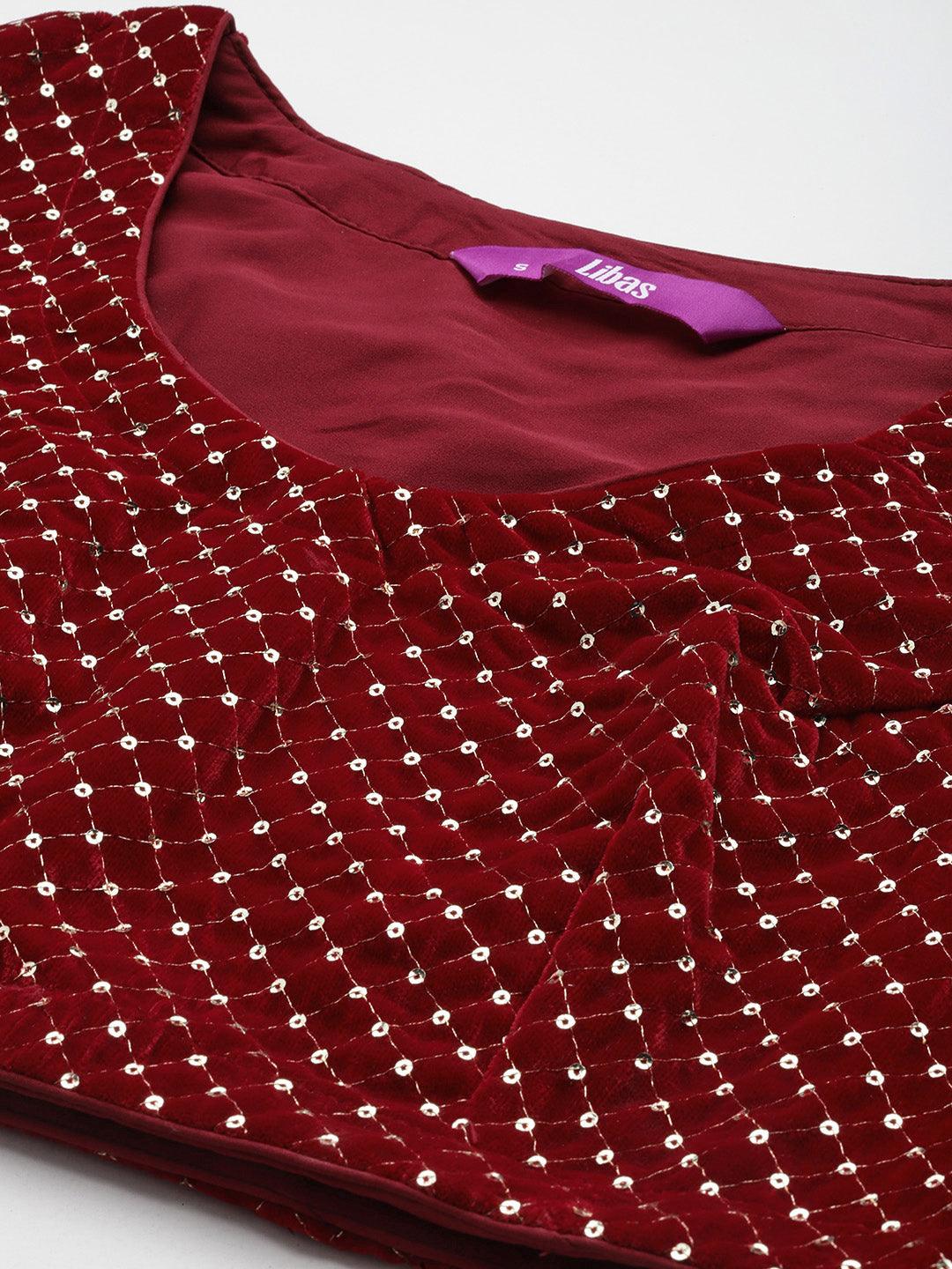 Maroon Embellished Polyester Co-Ords - Libas 