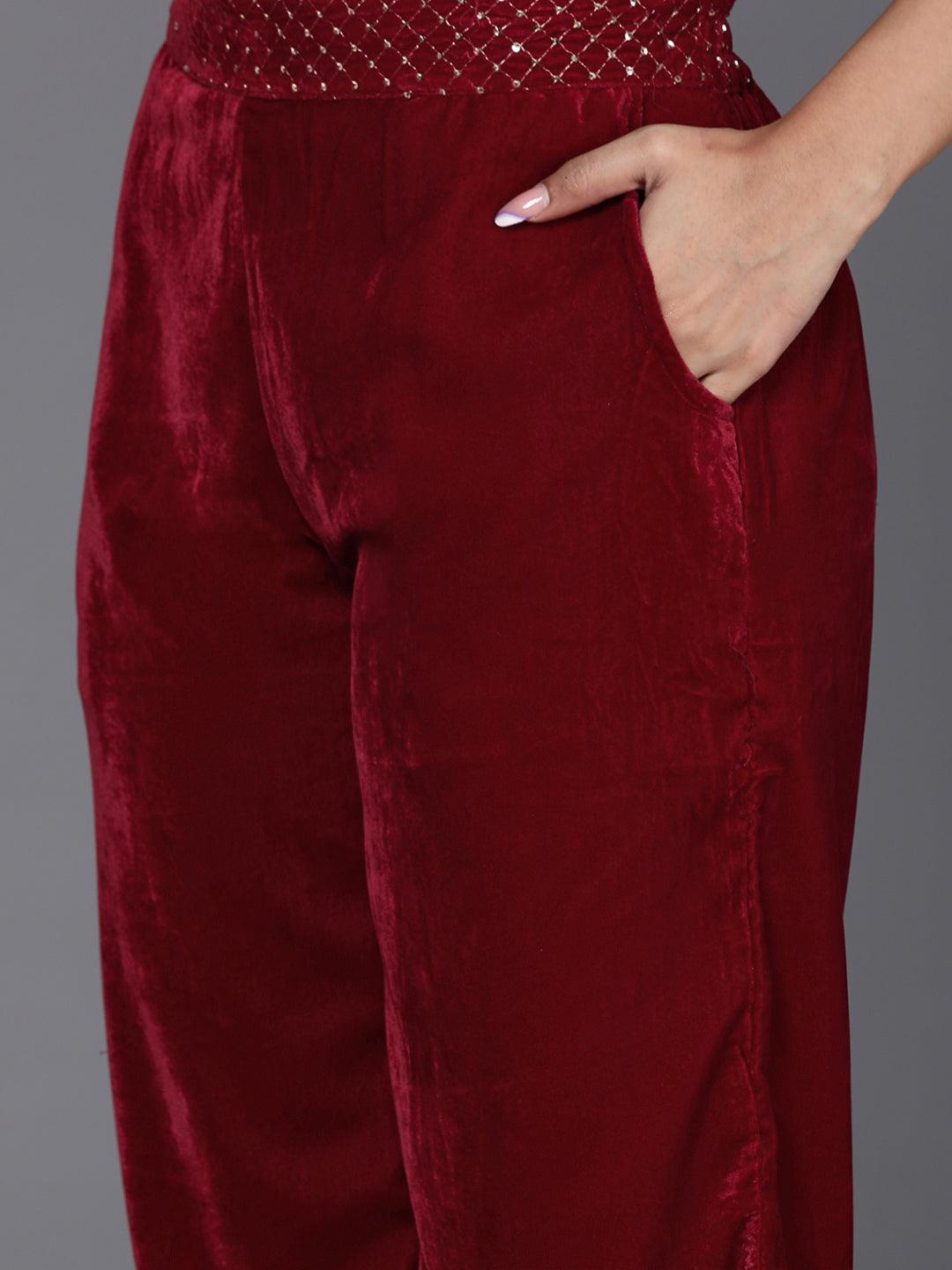 Maroon Embellished Polyester Co-Ords - Libas 