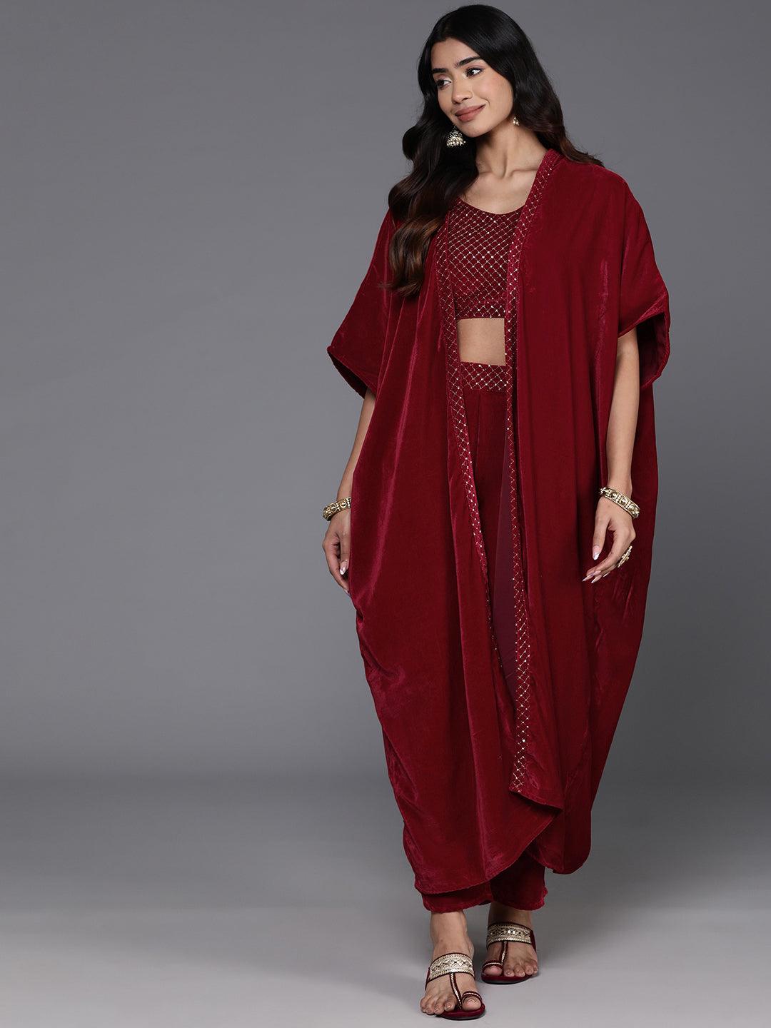 Maroon Embellished Polyester Co-Ords - Libas