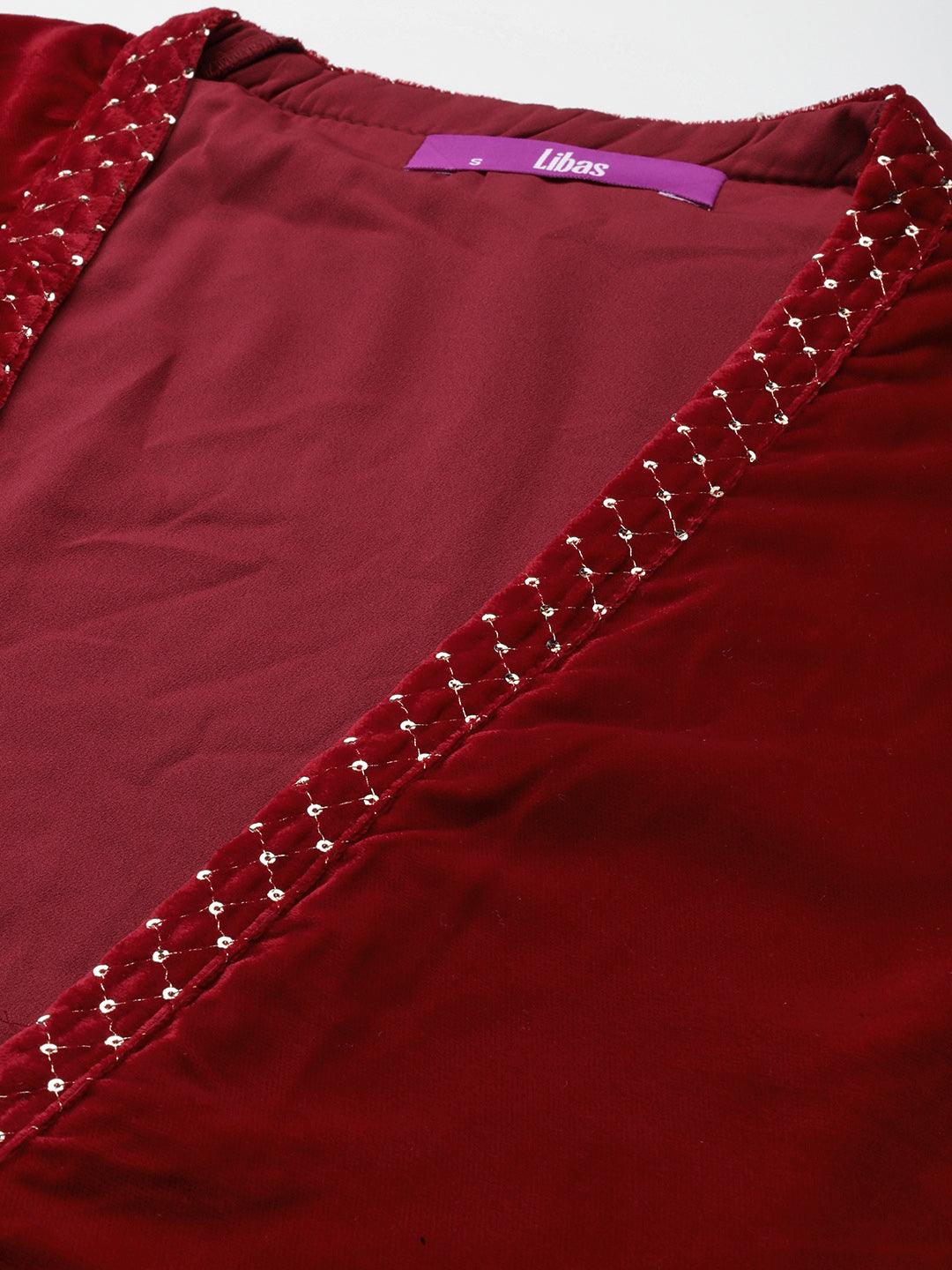 Maroon Embellished Polyester Co-Ords - Libas 