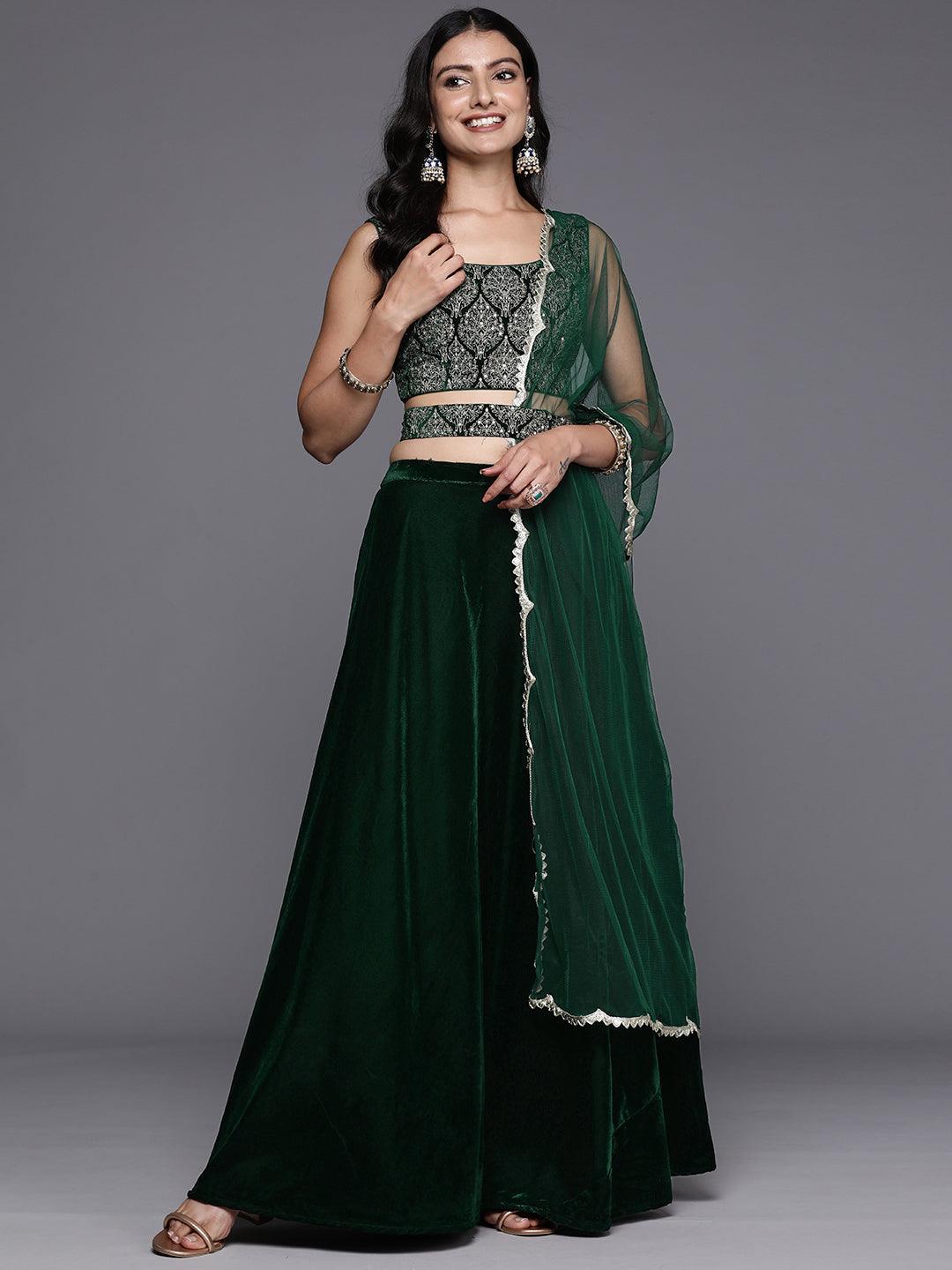 Green Embroidered Velvet Lehenga Set - Libas