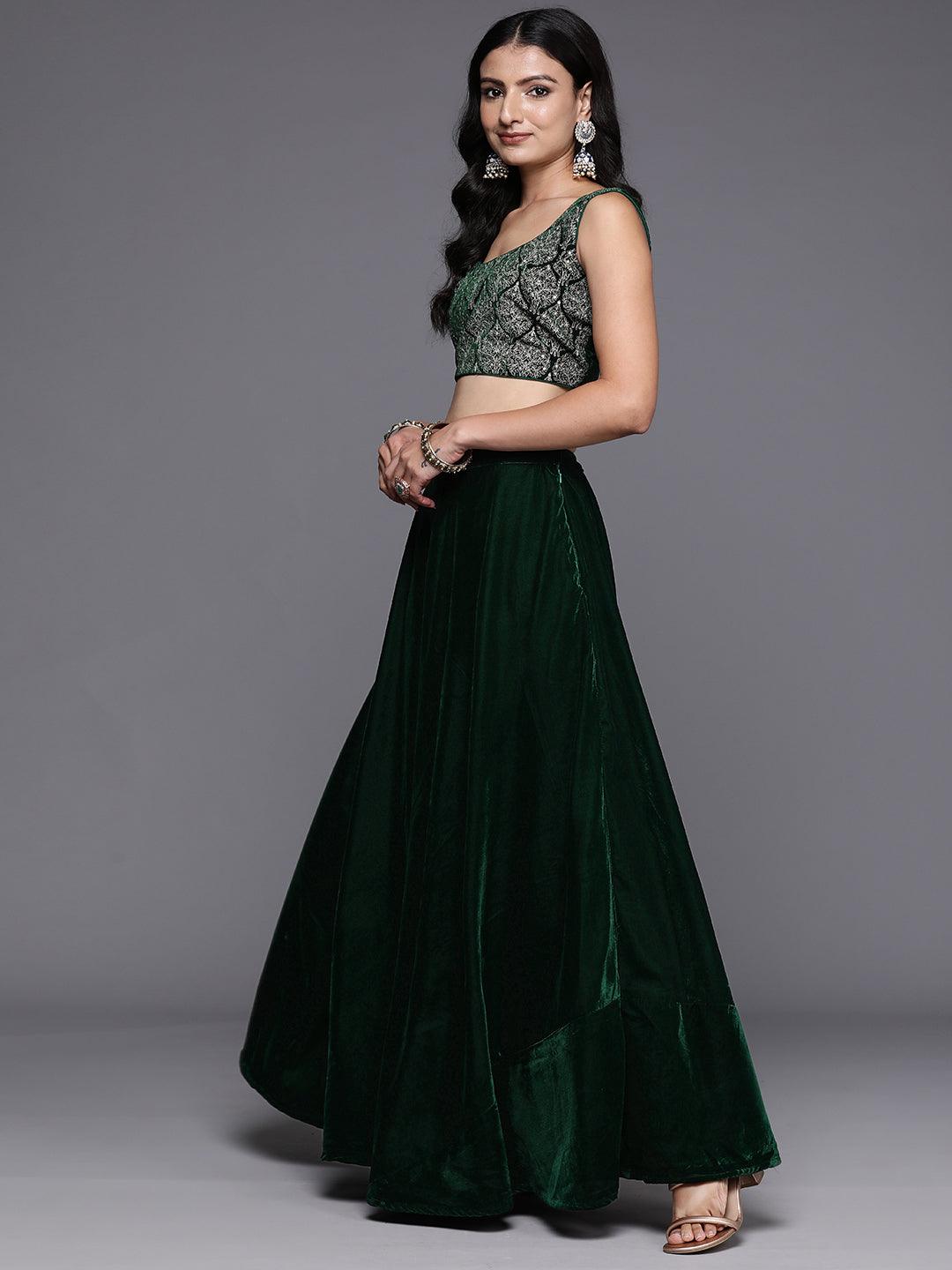 Green Embroidered Velvet Lehenga Set - Libas