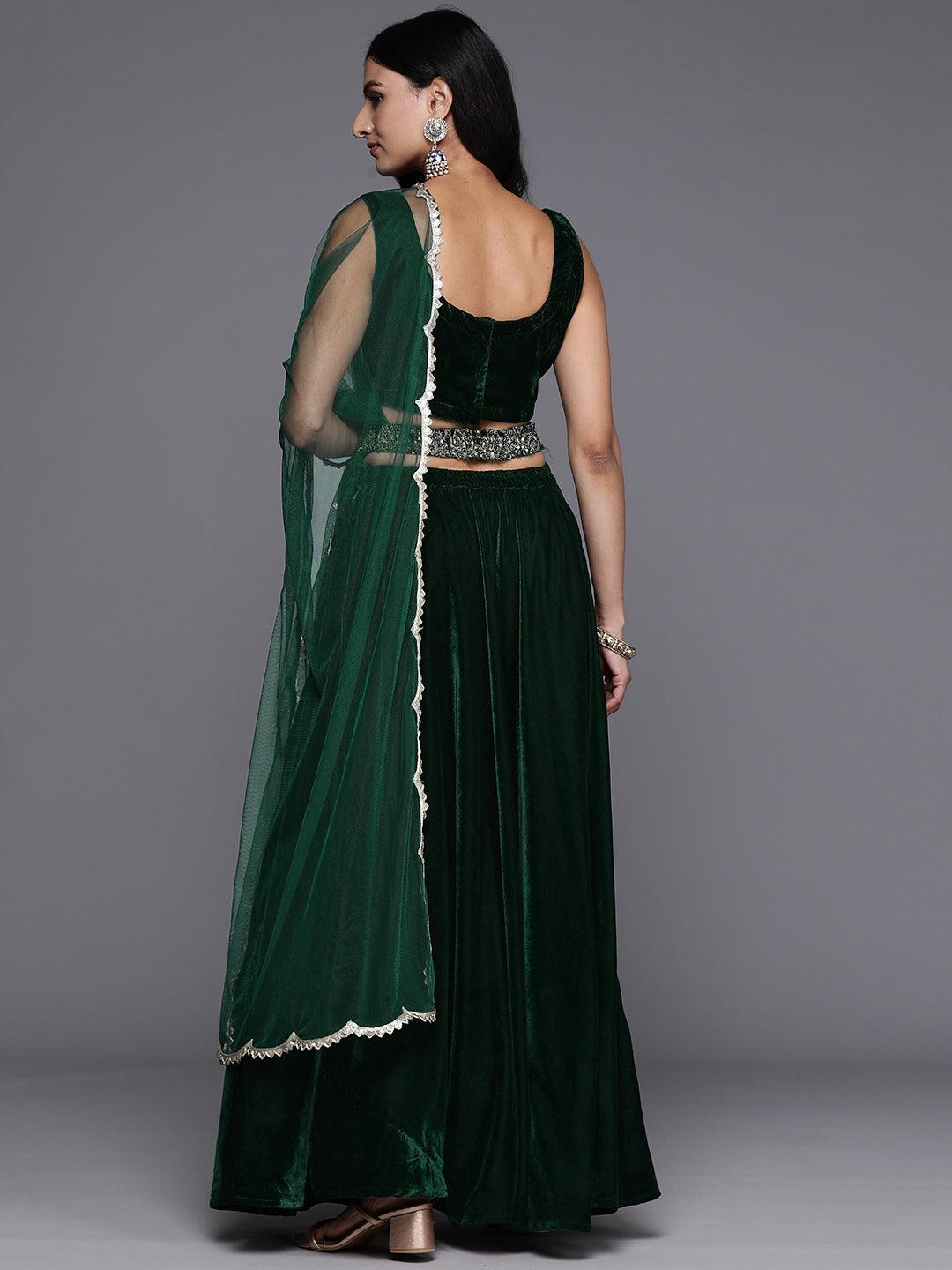 Green Embroidered Velvet Lehenga Set - Libas