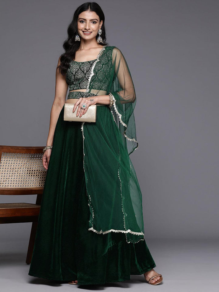 Green Embroidered Velvet Lehenga Set - Libas