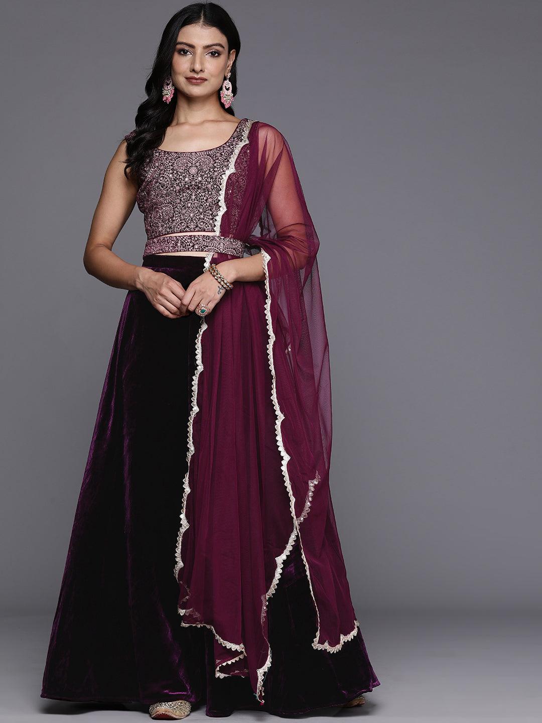 Wine Embroidered Velvet Lehenga Set - Libas 