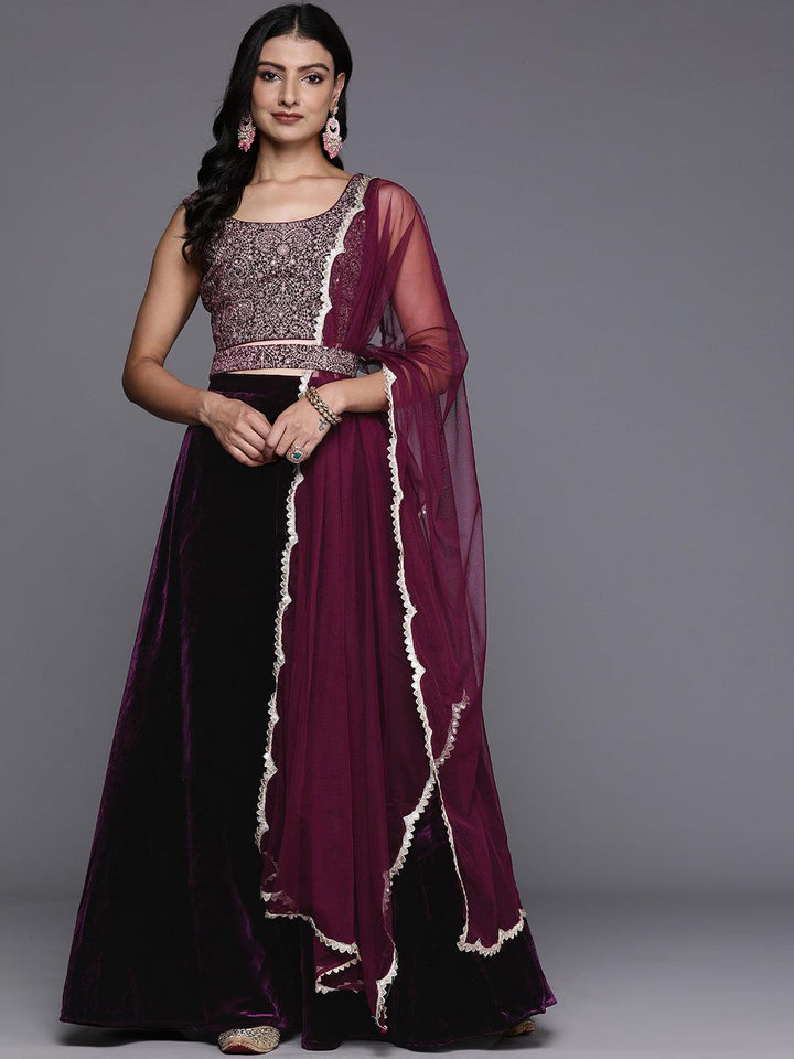 Wine Embroidered Velvet Lehenga Set - Libas