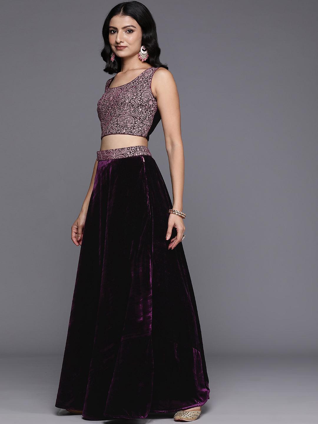 Wine Embroidered Velvet Lehenga Set - Libas