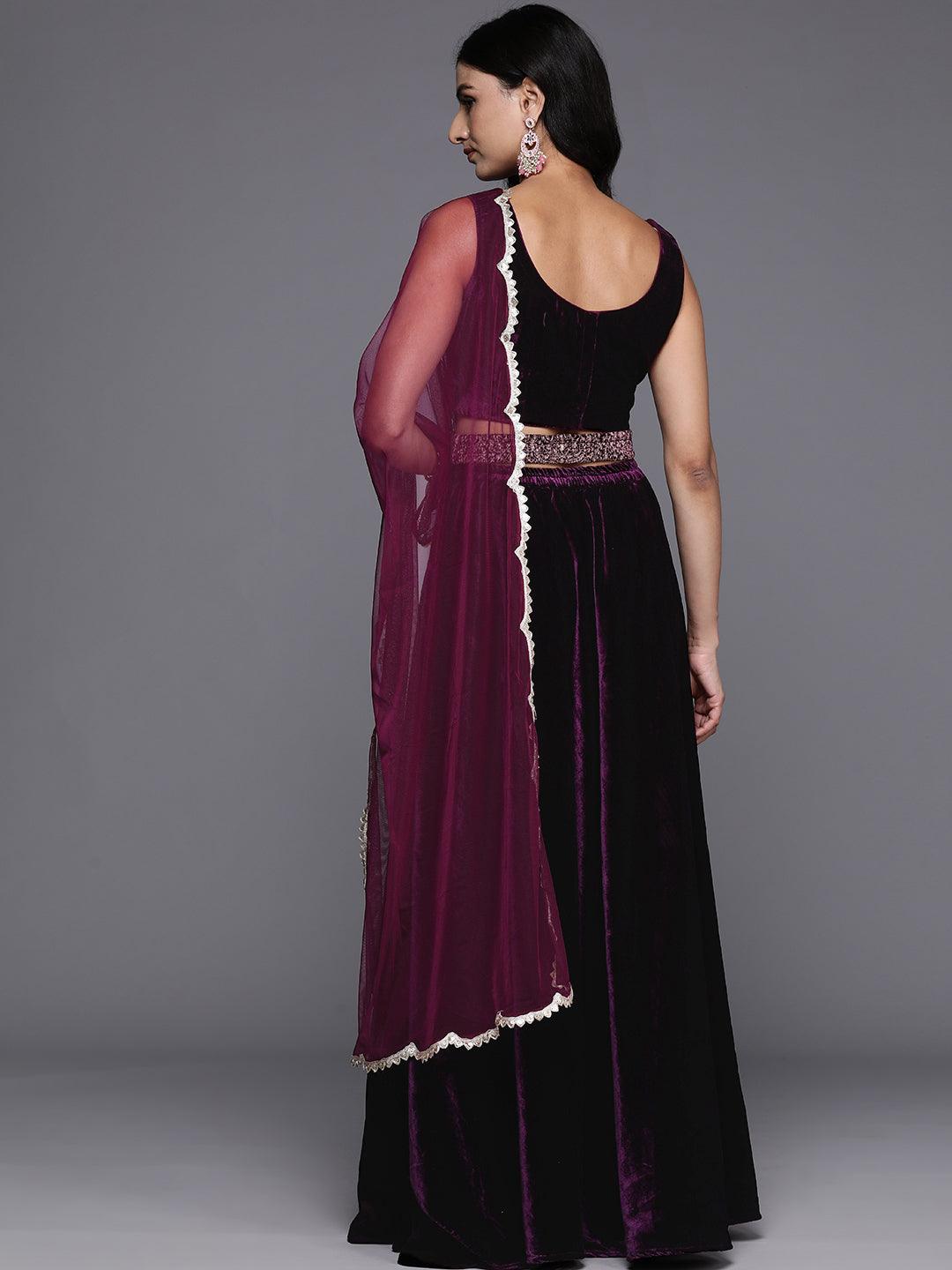 Wine Embroidered Velvet Lehenga Set - Libas