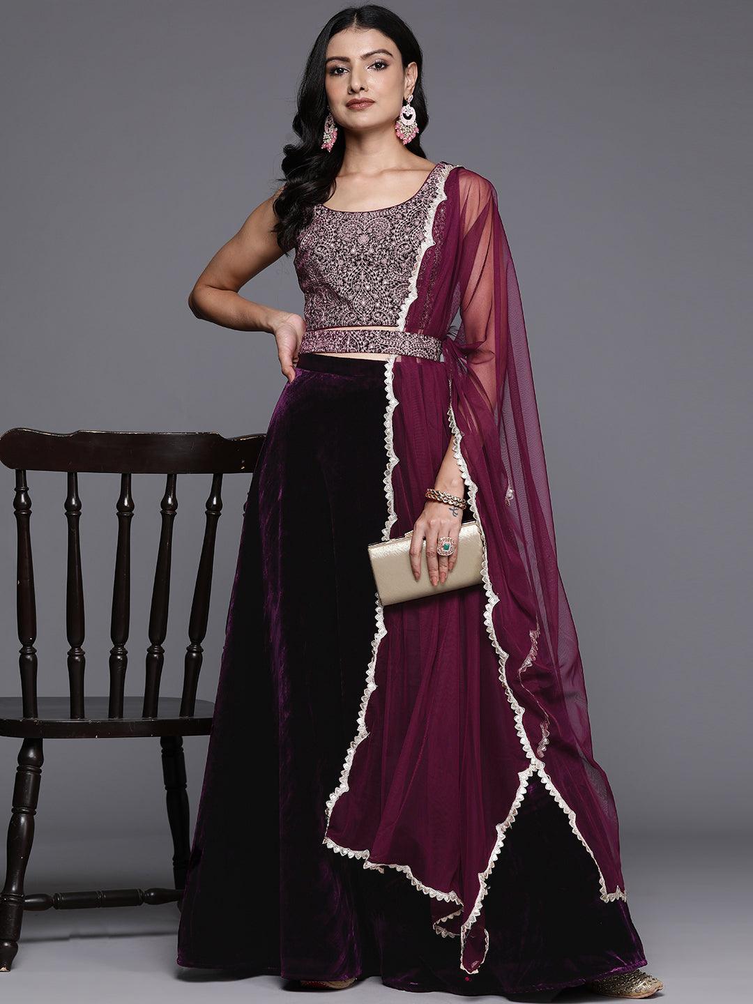 Wine Embroidered Velvet Lehenga Set - Libas 