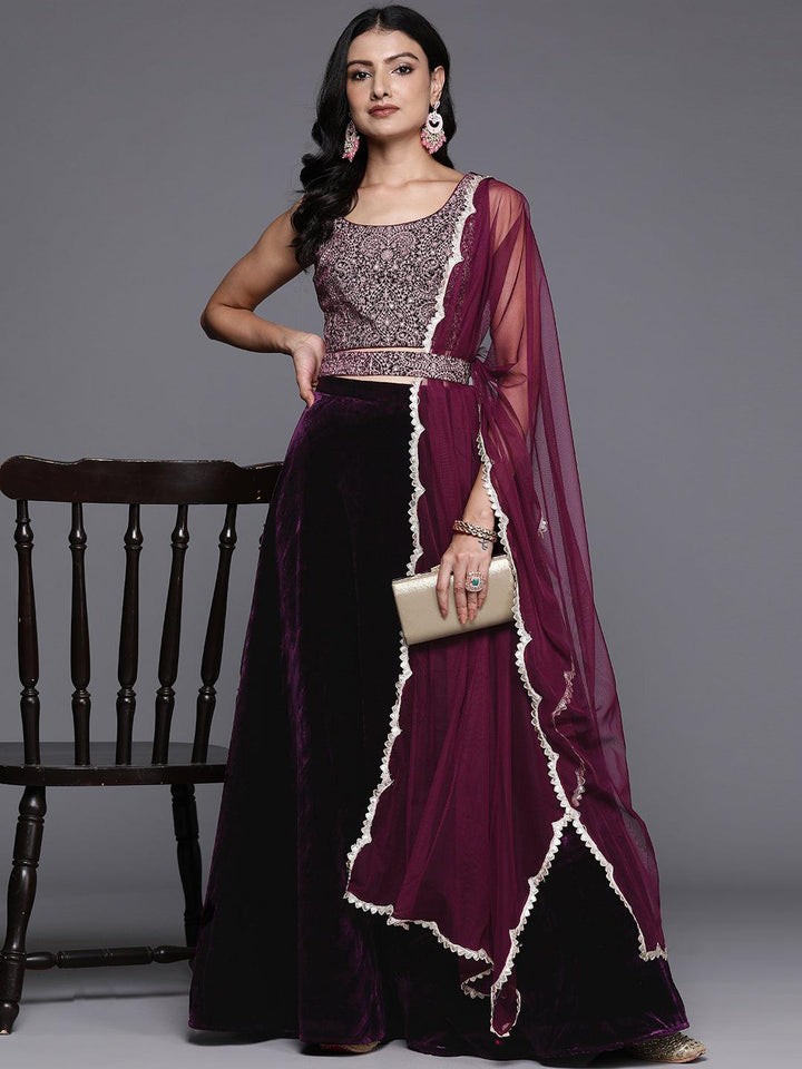 Wine Embroidered Velvet Lehenga Set - Libas