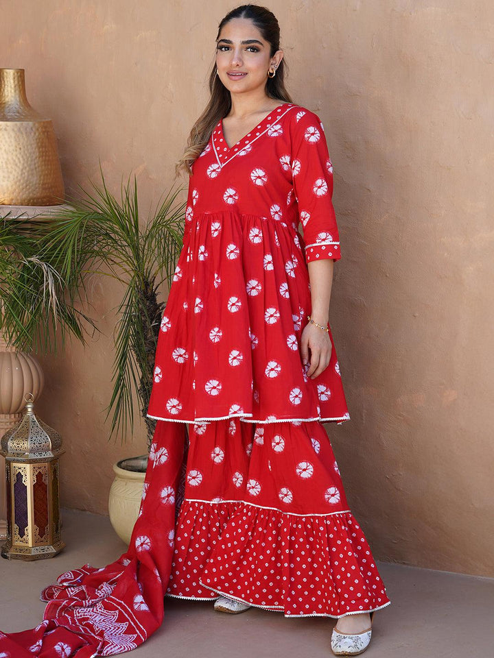 Buy Red Printed Cotton A-Line Sharara Suit Set With Dupatta Online at ...