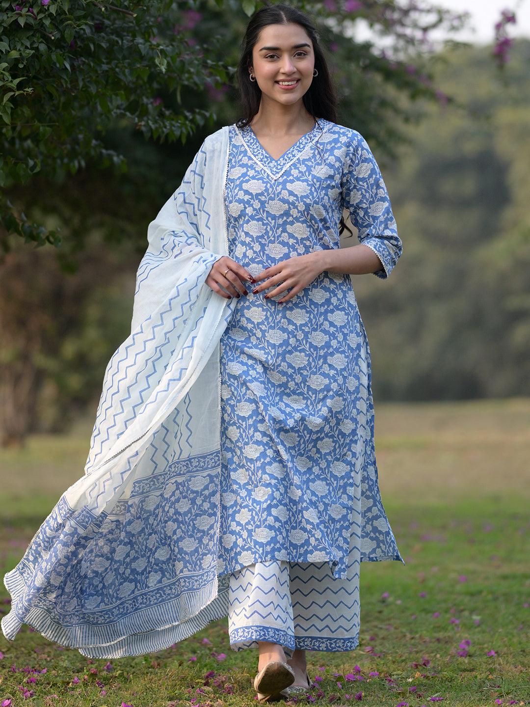 Blue Printed Cotton Straight Kurta With Palazzos & Dupatta - Libas