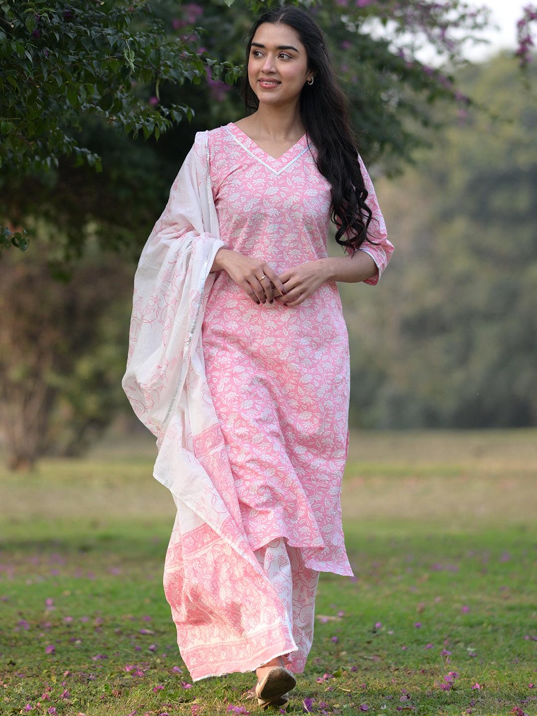 Pink Printed Cotton Straight Kurta With Palazzos & Dupatta - Libas 