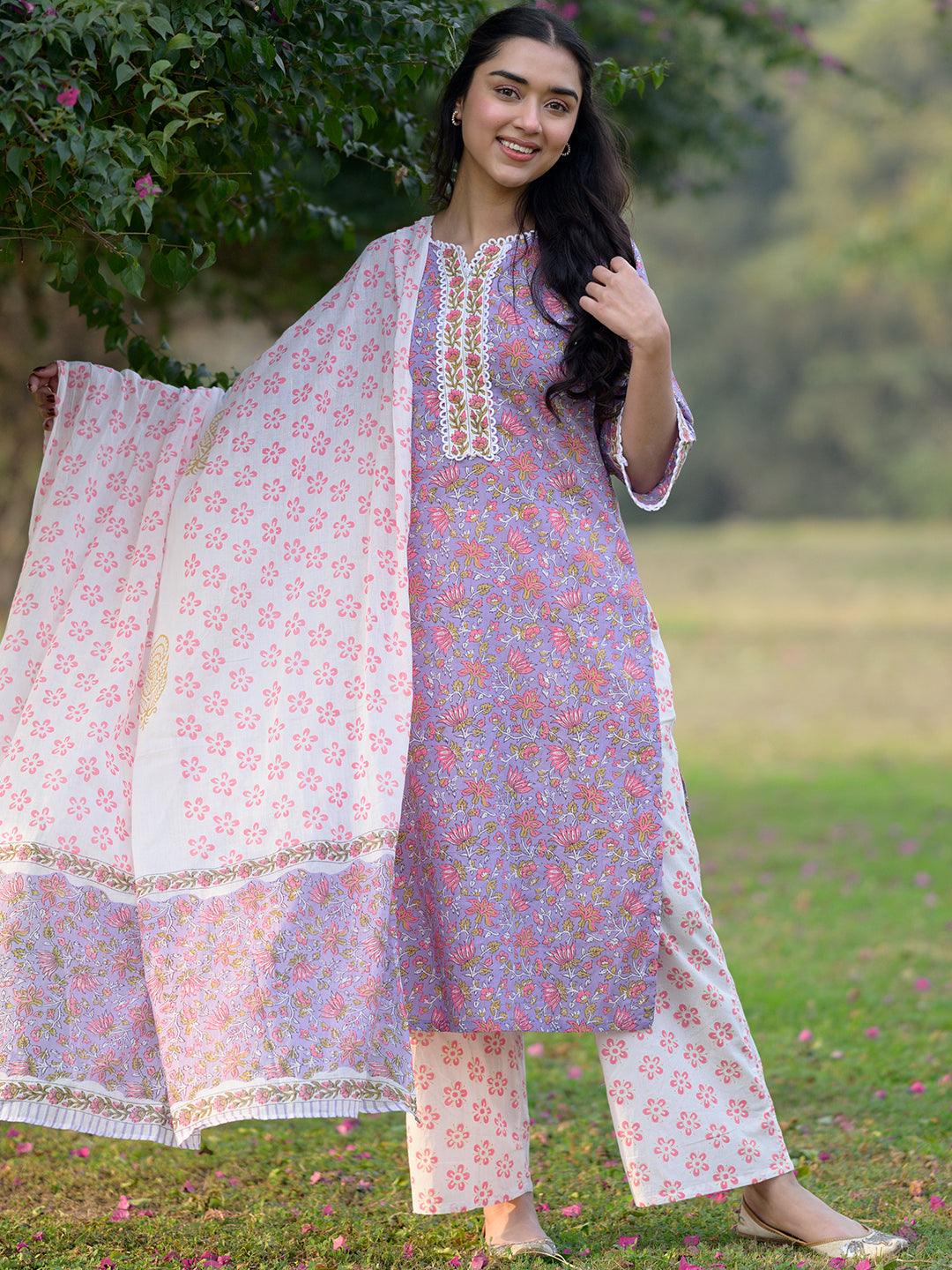 Purple Printed Cotton Straight Kurta With Palazzos & Dupatta - Libas