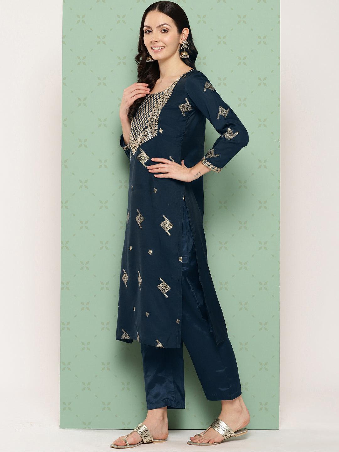 Blue Woven Design Chanderi Silk Straight Kurta With Trousers & Dupatta - Libas