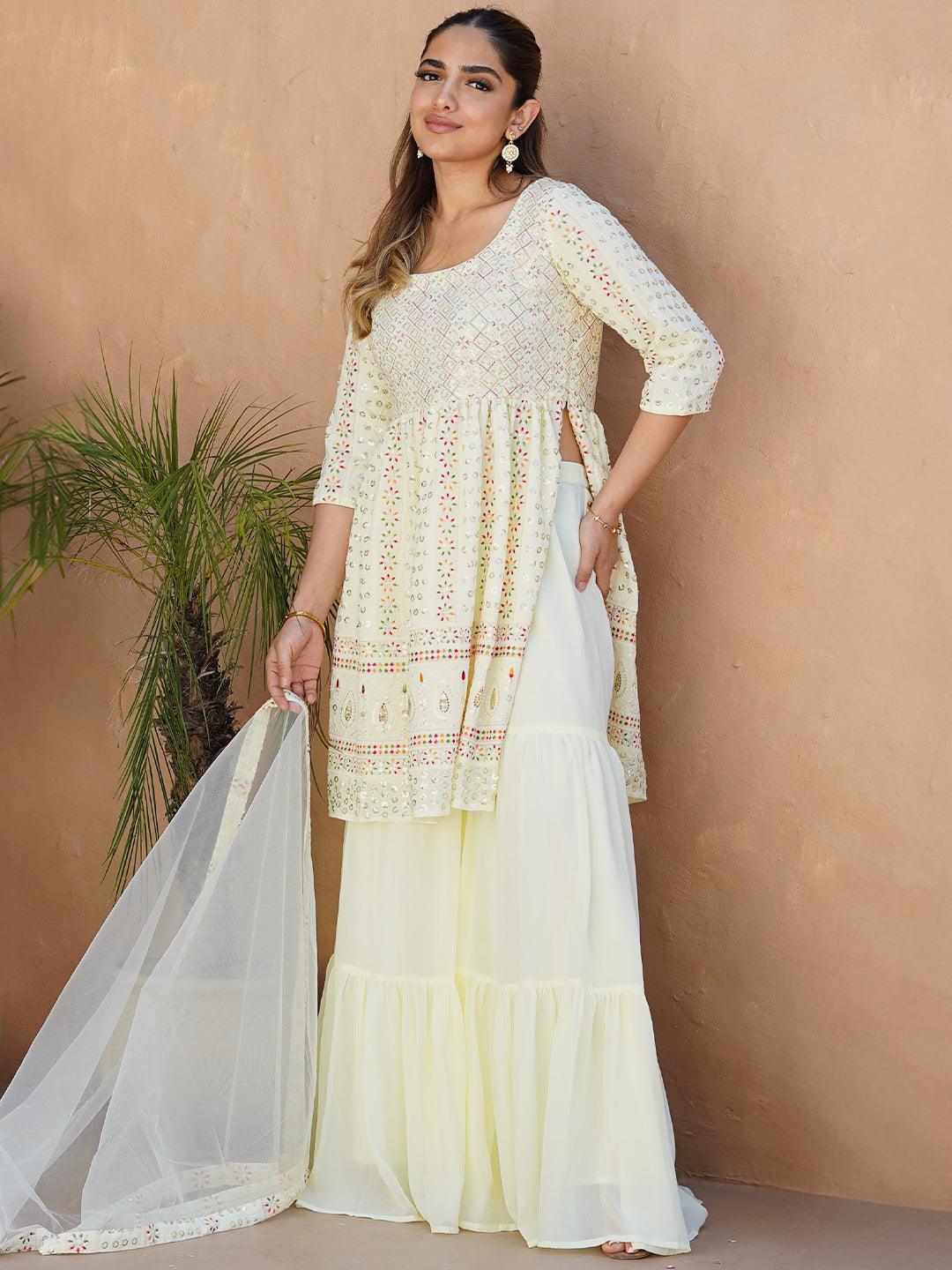 Lemon Embroidered Georgette A-Line Sharara Suit Set With Dupatta - Libas 