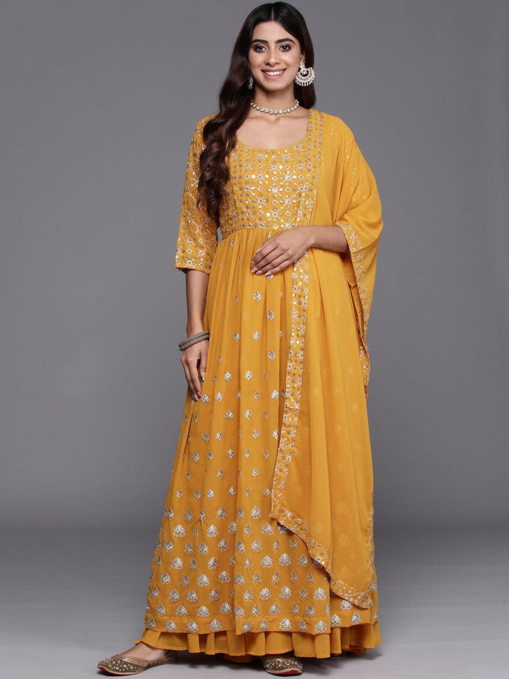 Mustard Embroidered Georgette A-Line Kurta With Palazzos & Dupatta - Libas