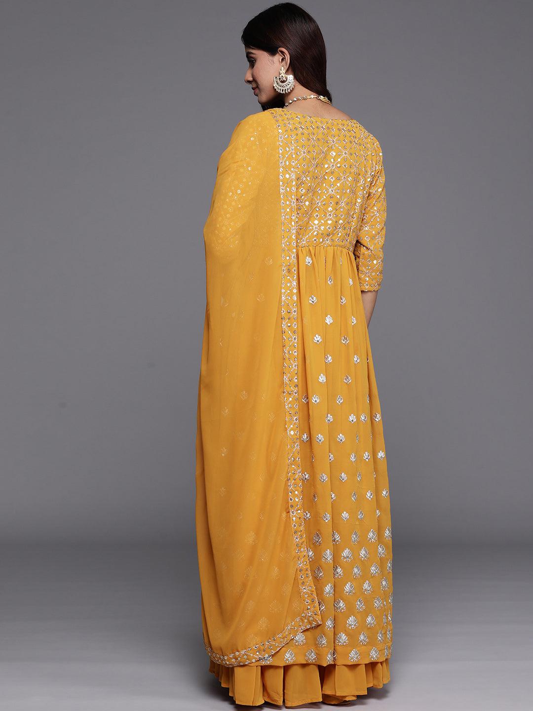 Mustard Embroidered Georgette A-Line Kurta With Palazzos & Dupatta - Libas