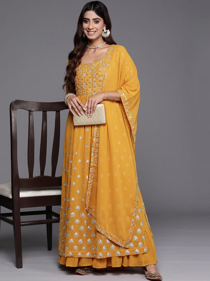 Mustard Embroidered Georgette A-Line Kurta With Palazzos & Dupatta - Libas