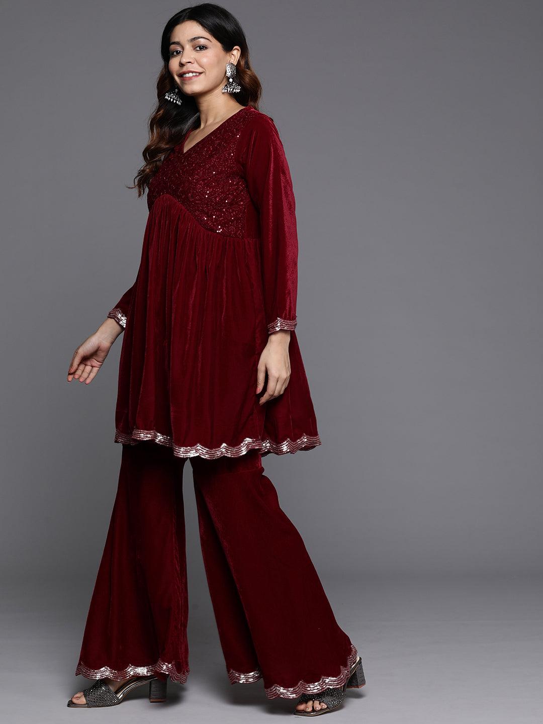 Maroon Embroidered Velvet A-Line Kurti With Sharara & Dupatta - Libas 