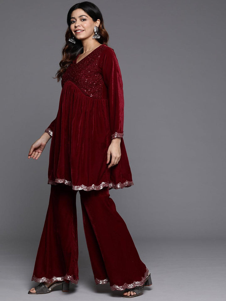 Maroon Embroidered Velvet A-Line Kurti With Sharara & Dupatta - Libas