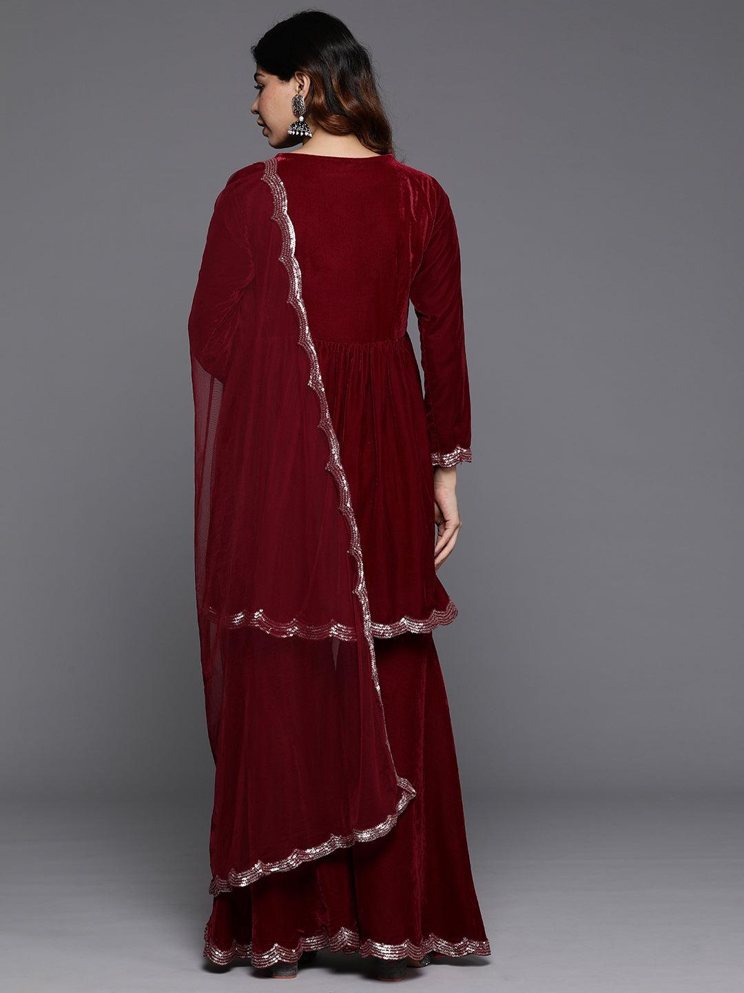 Maroon Embroidered Velvet A-Line Kurti With Sharara & Dupatta - Libas 