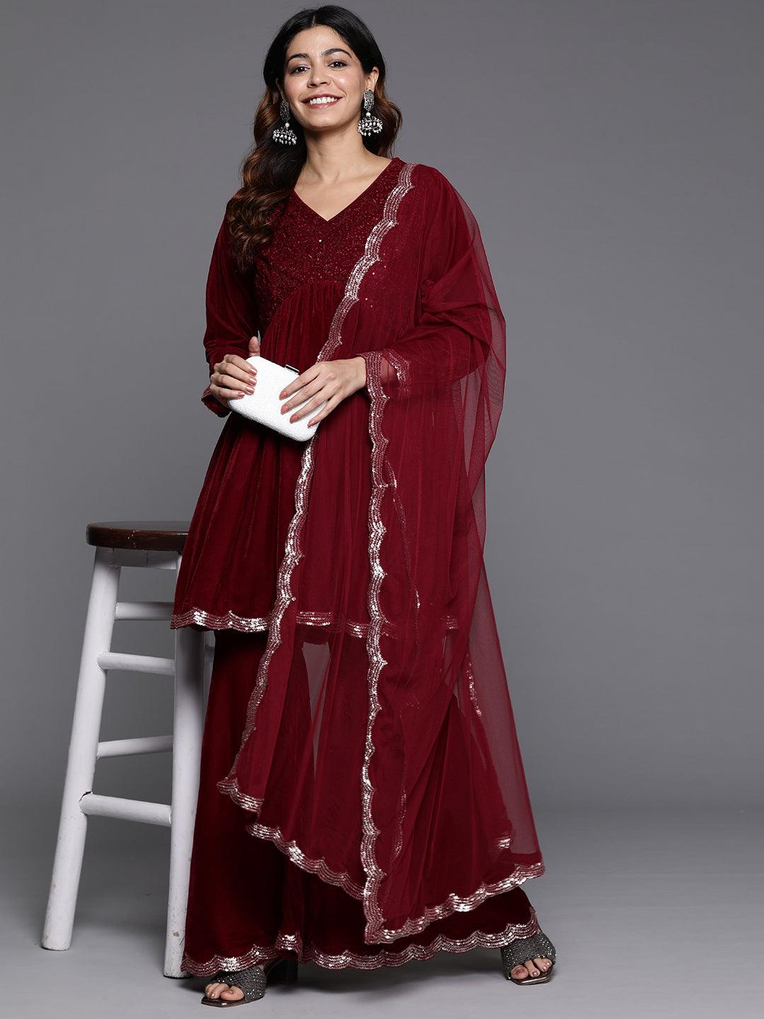 Maroon Embroidered Velvet A-Line Kurti With Sharara & Dupatta - Libas 