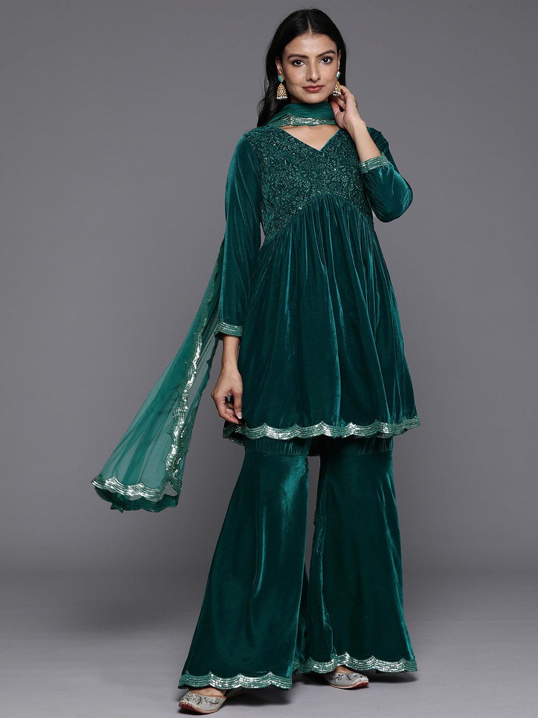 Blue Embroidered Velvet A-Line Kurti With Sharara & Dupatta - Libas 