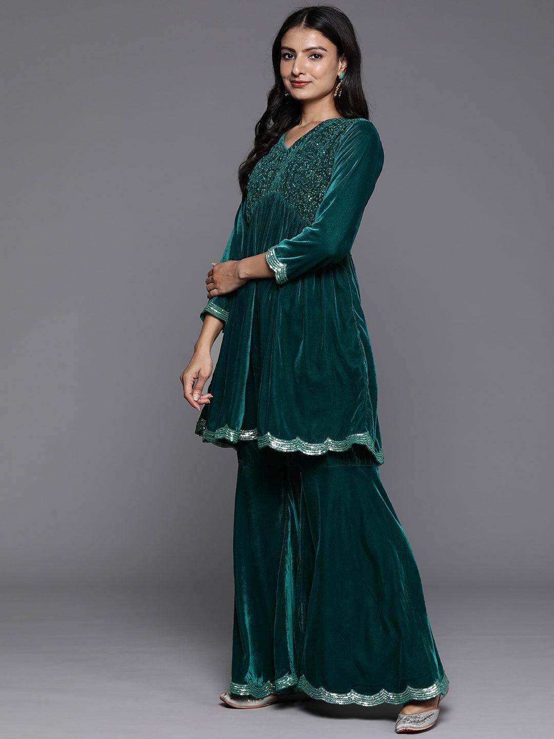 Blue Embroidered Velvet A-Line Kurti With Sharara & Dupatta - Libas 