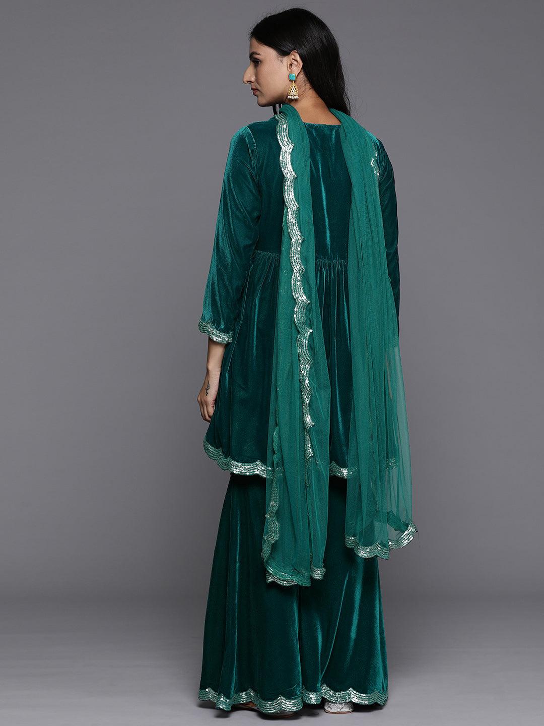 Blue Embroidered Velvet A-Line Kurti With Sharara & Dupatta - Libas 