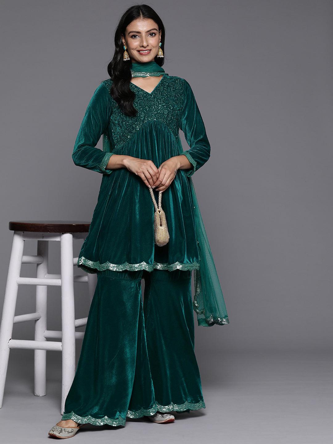 Blue Embroidered Velvet A-Line Kurti With Sharara & Dupatta - Libas 