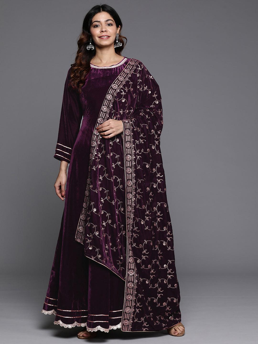 Wine Solid Velvet Anarkali Suit With Dupatta - Libas 