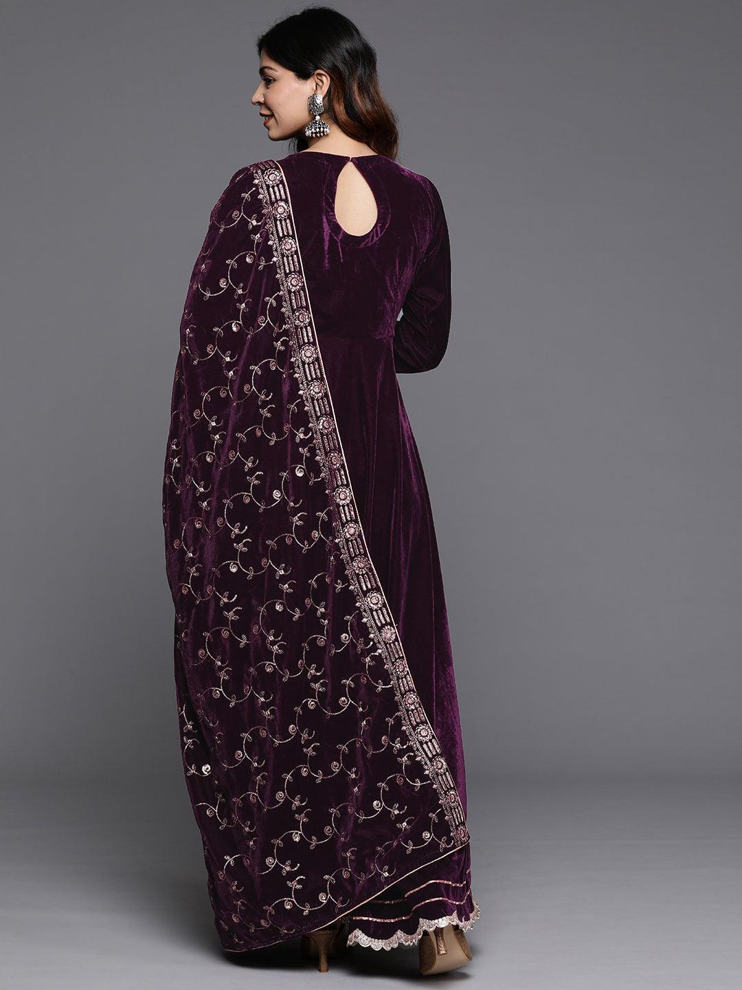 Wine Solid Velvet Anarkali Suit With Dupatta - Libas