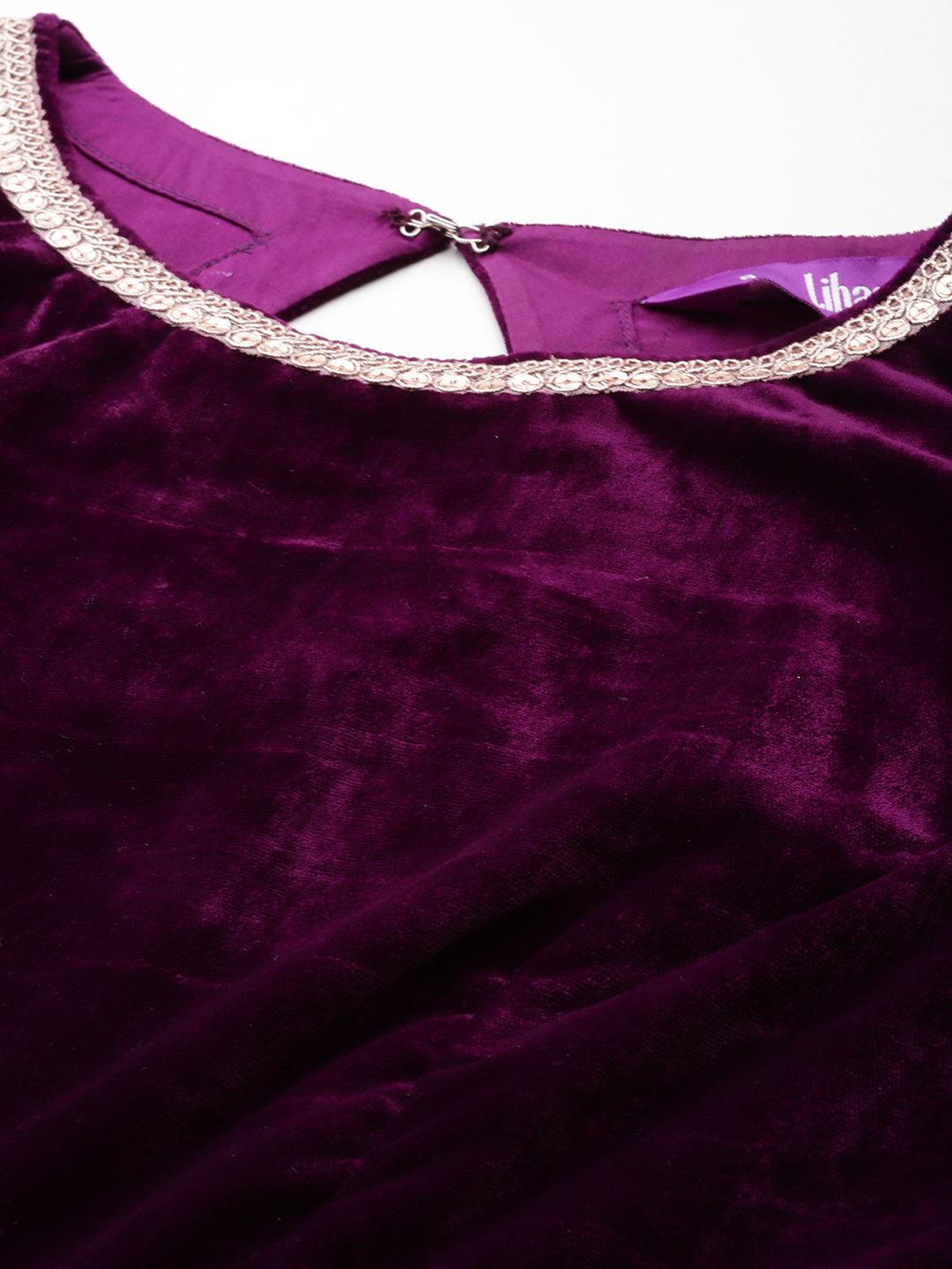 Wine Solid Velvet Anarkali Suit With Dupatta - Libas 