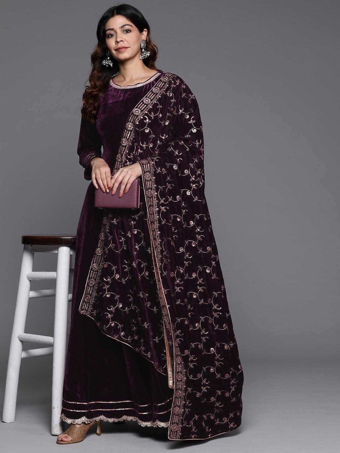 Wine Solid Velvet Anarkali Suit With Dupatta - Libas 